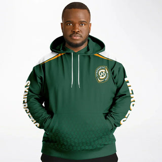 onfident man in a green Synergetic Heroes hoodie with bold sleeve branding, standing against a white background. This stylish, comfortable athleisure hoodie is perfect for casual wear, workouts, and active lifestyles. Shop Synergetic Heroes!