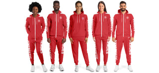 Diverse group wearing matching Synergetic Heroes red jogger sets with zip-up hoodies. Stylish and comfortable activewear for casual wear, workouts, or athleisure fashion.