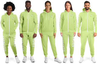 Diverse group wearing matching Synergetic Heroes light green jogger sets with zip-up hoodies. Stylish and comfortable activewear for casual wear, workouts, or athleisure fashion.
