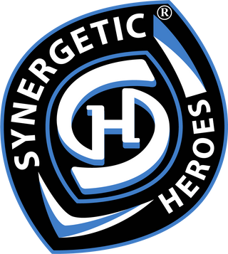 Synergetic Heroes official logo featuring a bold black, white, and blue design with a stylized 'SH' emblem. Representing a premium athleisure brand, this logo symbolizes stylish activewear with a purpose. Shop Synergetic Heroes apparel today!