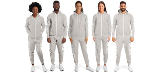 Diverse group wearing matching Synergetic Heroes jade white jogger sets with zip-up hoodies. Stylish and comfortable activewear for casual wear, workouts, or athleisure fashion.