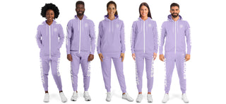 Diverse group wearing matching Synergetic Heroes Lavender jogger sets with zip-up hoodies. Stylish and comfortable activewear for casual wear, workouts, or athleisure fashion.