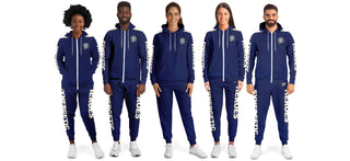 Diverse group wearing matching Synergetic Heroes midnight blue jogger sets with zip-up hoodies. Stylish and comfortable activewear for casual wear, workouts, or athleisure fashion.