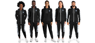 Diverse group wearing matching Synergetic Heroes black jogger sets with zip-up hoodies. Stylish and comfortable activewear for casual wear, workouts, or athleisure fashion.