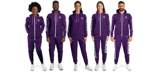 Diverse group wearing matching Synergetic Heroes purple jogger sets with zip-up hoodies. Stylish and comfortable activewear for casual wear, workouts, or athleisure fashion.