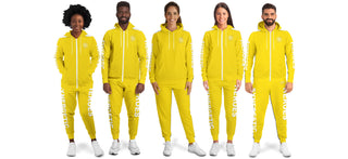 Diverse group wearing matching Synergetic Heroes Yellow jogger sets with zip-up hoodies. Stylish and comfortable activewear for casual wear, workouts, or athleisure fashion.