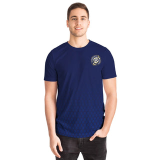 "Man wearing a navy blue Synergetic Heroes athletic T-shirt with logo. Stylish, comfortable, and perfect for workouts or casual wear.