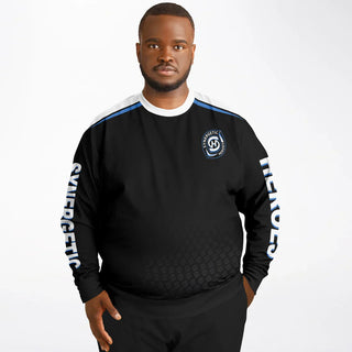 Man wearing a black Synergetic Heroes sweatshirt with blue and white accents. Comfortable and stylish plus-size athleisurewear for casual and active lifestyles.