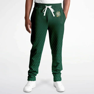 Man wearing green Synergetic Heroes track pants with a drawstring waist and subtle logo, standing against a white background. These stylish, comfortable joggers are perfect for workouts, casual wear, and active lifestyles. Shop Synergetic Heroes apparel!