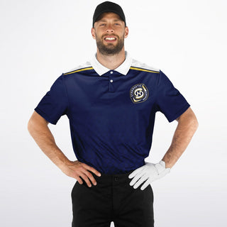 Man wearing a navy blue Synergetic Heroes polo shirt with logo, white collar, and sporty design. Perfect for golf, casual outings, or athletic wear.