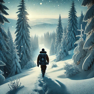 Hiker in a winter jacket trekking through a snow-covered forest path, surrounded by tall pines. Snowflakes fall as the sun sets over the mountains, creating a serene, adventurous scene. Perfect for outdoor enthusiasts and winter explorers.