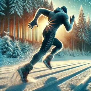 A determined athlete sprints through a snowy forest trail at sunrise, kicking up frost with each powerful stride. Dressed in winter sportswear, this dynamic runner embodies strength, endurance, and peak performance in cold weather training.
