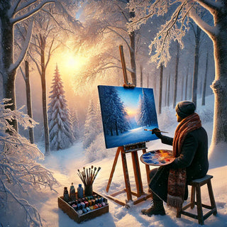 An artist painting a breathtaking winter landscape on canvas in a snowy forest at sunrise. Surrounded by brushes, paints, and a wooden easel, they capture the beauty of nature. Perfect for art lovers and creative inspiration.