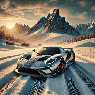 A sleek sports car with frost on its surface sits on a snow-covered road, leaving deep tire tracks. The scenic winter backdrop features towering mountains and cozy cabins under a golden sunrise, creating a stunning contrast of speed and nature.