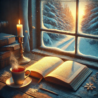 A cozy winter reading nook with an open book, hot tea, and a candle by a frosty window. Golden sunlight filters through snowy trees, creating a warm, peaceful atmosphere. Perfect for book lovers and winter relaxation inspiration.