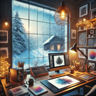 A cozy, modern creative workspace with a snowy cabin view. Featuring a digital art setup, drawing tablet, and warm lighting, this winter-inspired studio is perfect for designers and artists. A dream workspace for creative professionals.