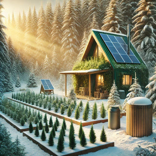 An eco-friendly cabin with solar panels sits in a snowy forest, surrounded by a thriving winter garden. Sunlight filters through the trees, highlighting a sustainable off-grid lifestyle.