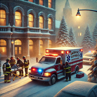 Emergency responders, including firefighters and paramedics, assist a patient on a stretcher outside a snow-covered city building. Red ambulance lights flash against the winter night as first responders work efficiently in freezing conditions.