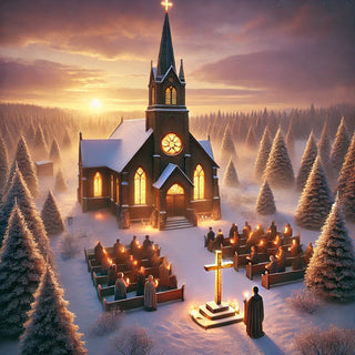 A snow-covered church glows warmly at dusk as worshippers gather outdoors for a candlelight service. A golden cross stands in the center, surrounded by rows of people in prayer, creating a serene and spiritual winter scene of faith and devotion.