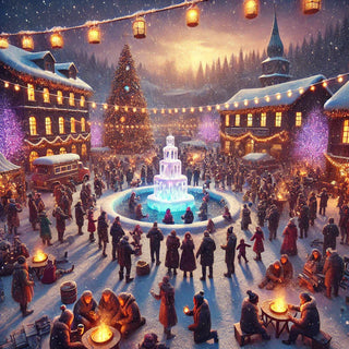 A lively winter festival in a snow-covered village square with glowing lanterns, a grand ice fountain, and a towering Christmas tree. People gather around bonfires, enjoying festive cheer. Perfect for holiday lovers and seasonal celebrations.