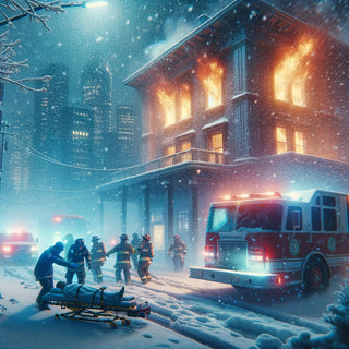 Firefighters battle a raging building fire in a snowy city at night. Emergency responders work fast to save lives as fire trucks and ambulances light up the scene. A tribute to first responders risking their lives in extreme conditions.