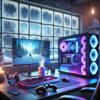 A cozy gaming setup in a winter cabin with a high-end PC, glowing RGB lights, and a frosty window showing a snowy landscape. A steaming mug sits on the desk, creating the perfect ambiance for gaming on a cold night.