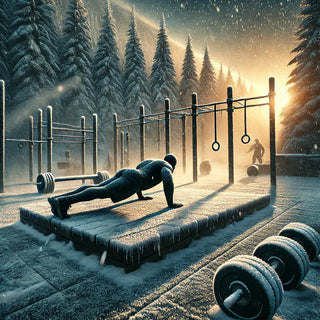 An athlete performs push-ups at an outdoor gym covered in snow, surrounded by frosty barbells and training equipment. The sunrise casts a golden glow, highlighting dedication to winter fitness.