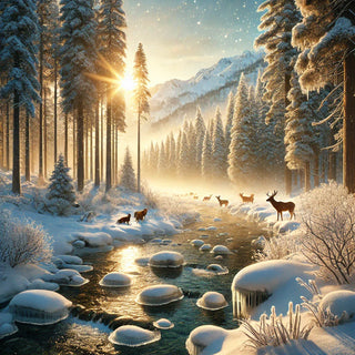 A serene winter landscape featuring a snow-covered forest, a gently flowing river, and a group of deer. Golden sunlight filters through tall pine trees, casting a magical glow. Perfect for nature lovers and winter photography enthusiasts.