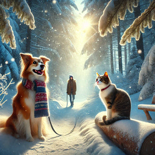 A joyful dog wearing a cozy scarf and a curious cat sit on a snowy path in a winter forest. Sunlight filters through tall trees as a person approaches in the distance. A heartwarming scene perfect for pet lovers and winter photography enthusiasts.