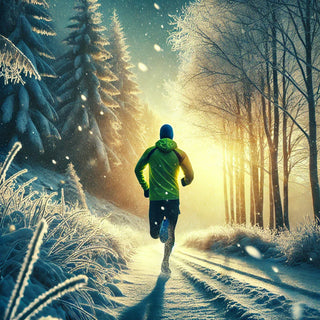 A determined runner in a bright green jacket jogs through a snow-covered forest path at sunrise. Golden sunlight filters through frosty trees, casting a warm glow on the icy trail. Perfect for winter fitness enthusiasts and outdoor running inspiration.