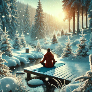 A person meditating on a wooden platform over a serene, snow-covered river in a peaceful winter forest. Golden sunlight filters through tall pines, enhancing the tranquil scene. Perfect for wellness enthusiasts and nature lovers seeking mindfulness.
