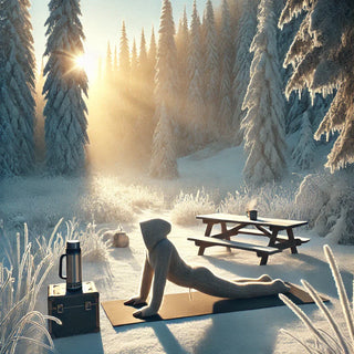 A person practicing yoga in a serene, snow-covered meadow surrounded by tall pine trees. Golden sunlight streams through the forest as they stretch on a yoga mat, embracing winter mindfulness. Perfect for yoga lovers and outdoor wellness enthusiasts.