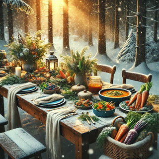 A beautifully set outdoor dining table covered in fresh vegetables, hearty soups, and rustic decor in a snowy forest. Golden sunlight streams through the trees, creating a warm, inviting scene. Perfect for vegan lifestyle and plant-based food lovers.