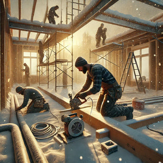 Construction workers build a house in a snowy landscape at sunrise. Bundled against the cold, they use tools and scaffolding to frame the structure, showcasing teamwork and dedication in harsh winter conditions—a tribute to hardworking builders.