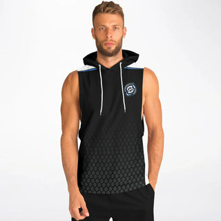 Athletic man wearing a black sleeveless Synergetic Heroes hoodie with a stylish design and logo. Ideal for workouts, training, or casual activewear.