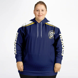 A plus-size woman models a navy blue Synergetic Heroes hoodie with white and yellow accents. The cozy pullover features bold branding on the sleeves and chest, offering comfort and style for everyday wear.