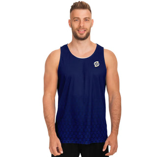 Man wearing a Midnight blue Synergetic Heroes athletic tank top with logo. Perfect for workouts, running, and casual wear.